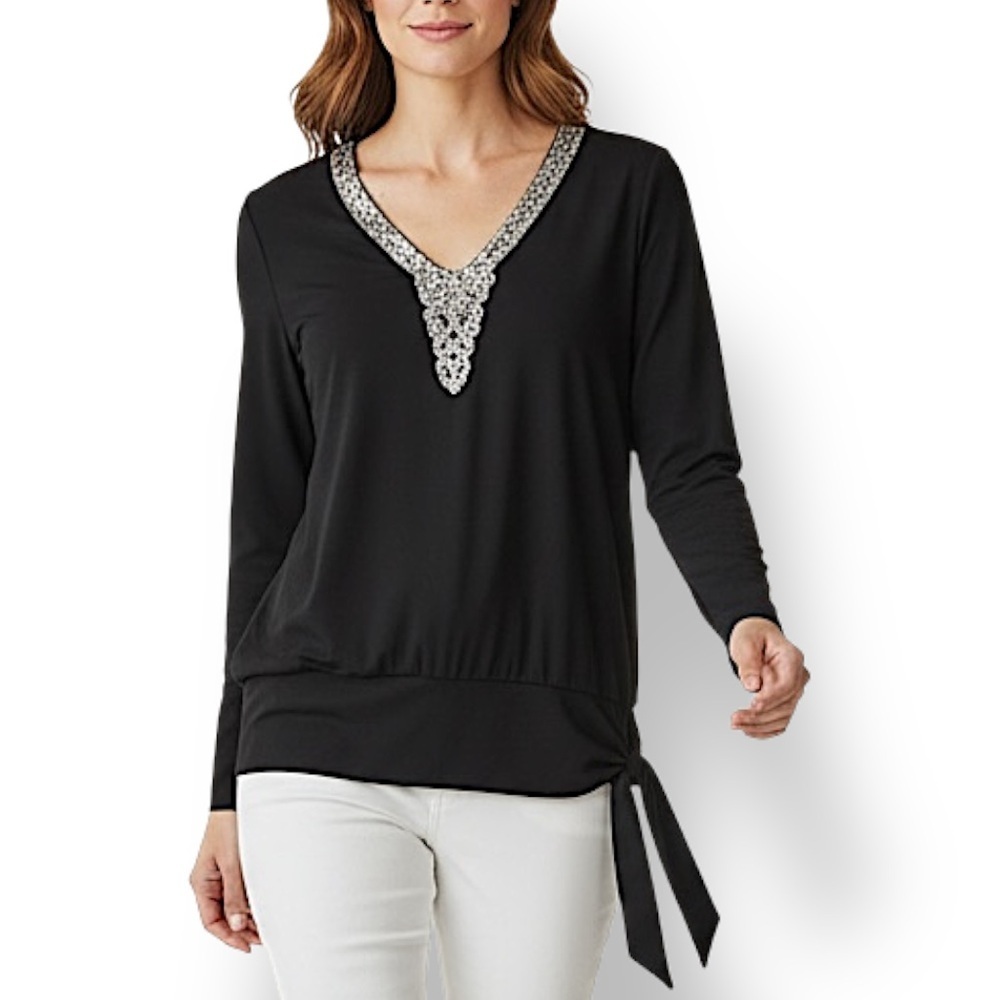 4/$20 Vintage Teddi of California Black Sequin Side Tie Tunic Top Size 10